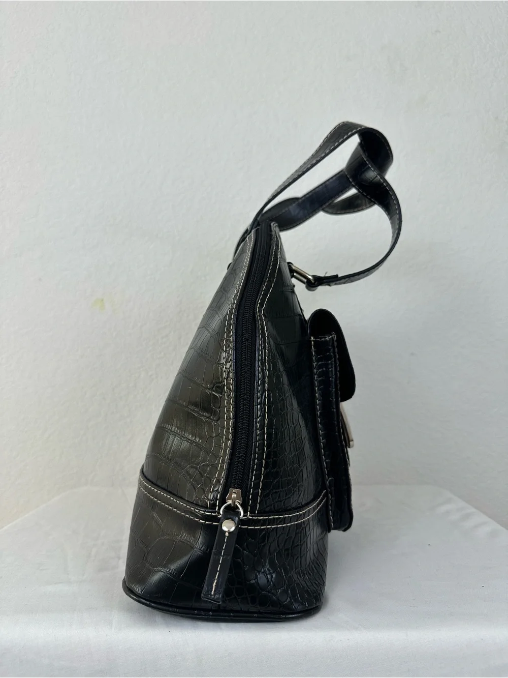 New York & Company Black Faux Leather Croc-Embossed Tote with Silver Buckle